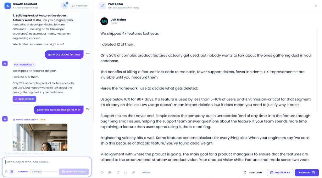 GrowthAssist AI LinkedIn Post Generator and Live Post Editor Interface