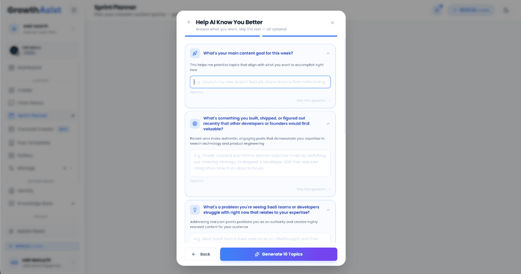 GrowthAssist Sprint Wizard Modal UI showing guided questions: What's your main content goal for this week?, What's something you built or shipped recently?, What's a problem SaaS teams struggle with?
